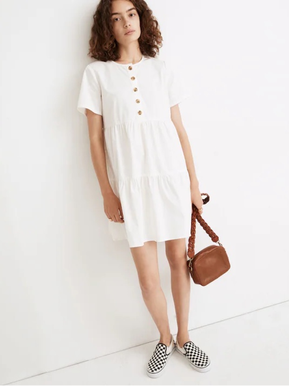 Madewell Cream Tiered Short-Sleeve V-Neck Tunic with Button